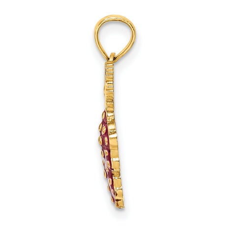14k Yellow Gold Grape Cluster Pendant with Red Enamel and Green Leaf Detailing
