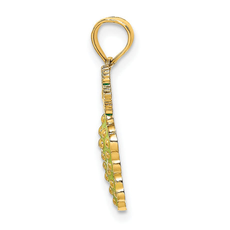 14k Yellow Gold Grape Cluster Pendant with Green Enamel Leaves, Nature-Inspired Vine Charm