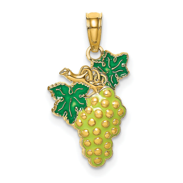 14k Yellow Gold Grape Cluster Pendant with Green Enamel Leaves, Nature-Inspired Vine Charm