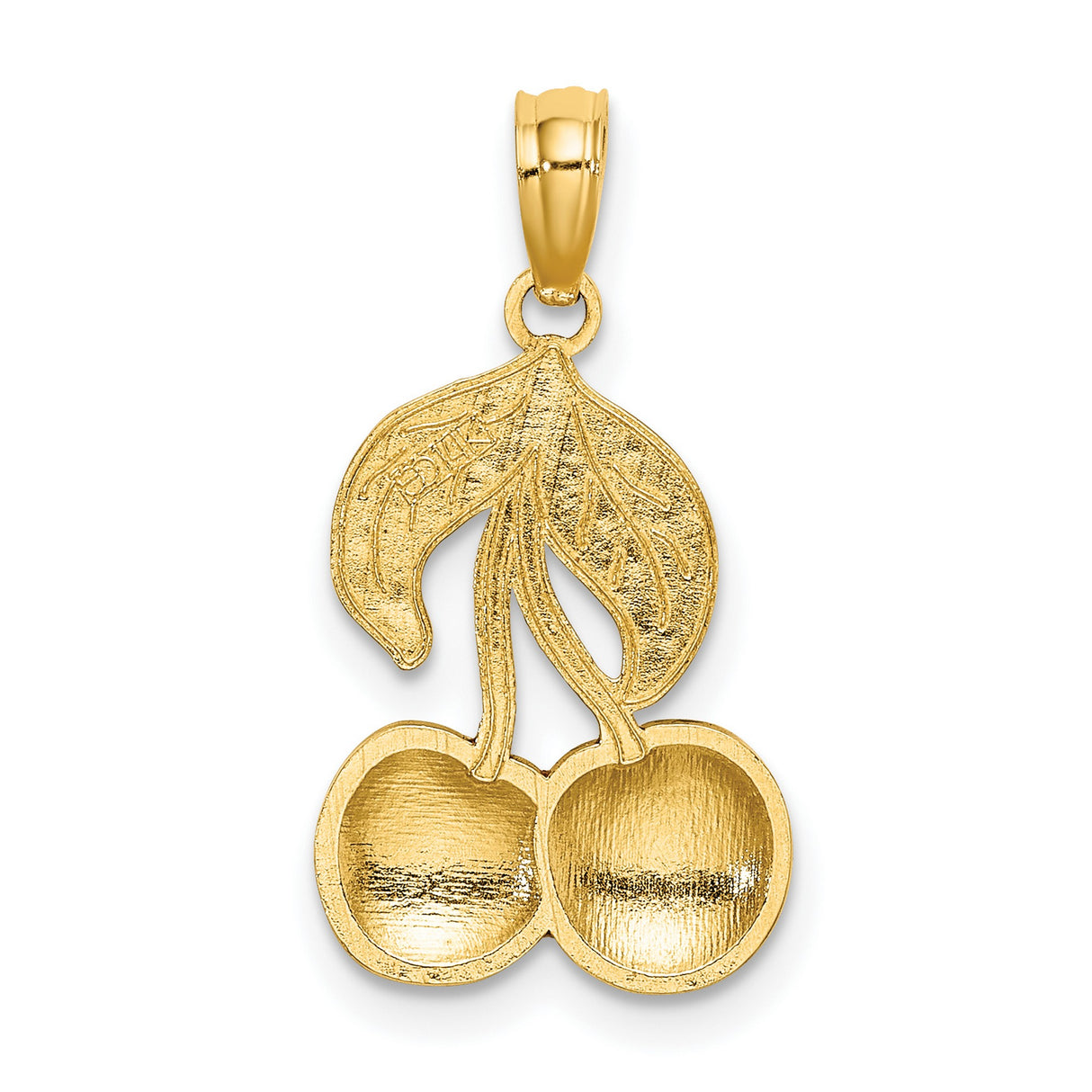 14k Yellow Gold Cherry Pendant with Red and Green Enamel Detail, Dual Cherries and Leaves