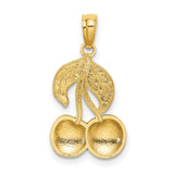 14k Yellow Gold Cherry Pendant with Red and Green Enamel Detail, Dual Cherries and Leaves