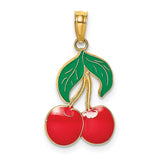14k Yellow Gold Cherry Pendant with Red and Green Enamel Detail, Dual Cherries and Leaves