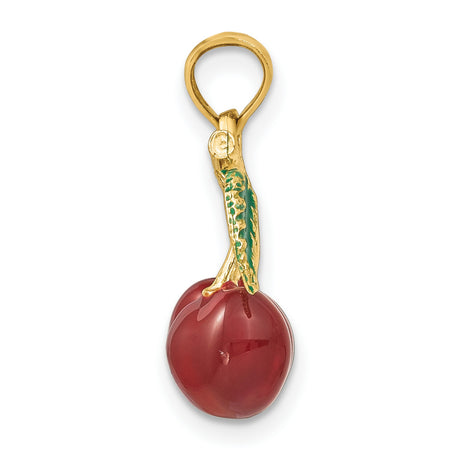 14k Yellow Gold Cherry Pendant with Red and Green Enamel, Dainty Fruit Charm for Women