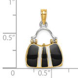 14k Multi-Tone Gold Pendant, Black and White Enamel Handbag Design, Purse Charm for Women
