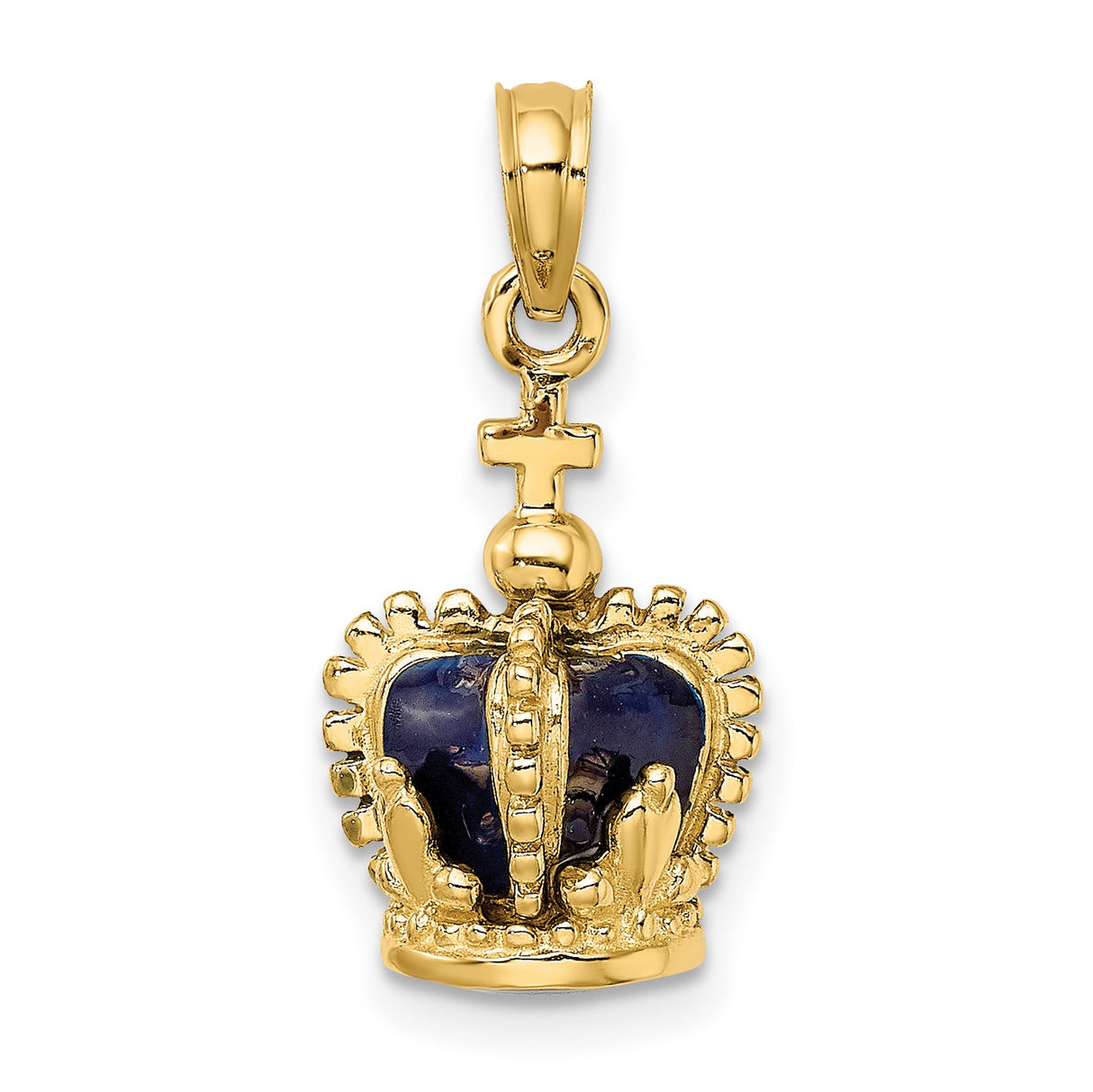 3-D Enamel Crown Cross On Top Charm Pendant in Real 14k Yellow Gold