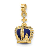 3-D Enamel Crown Cross On Top Charm Pendant in Real 14k Yellow Gold