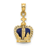 3-D Enamel Crown Cross On Top Charm Pendant in Real 14k Yellow Gold