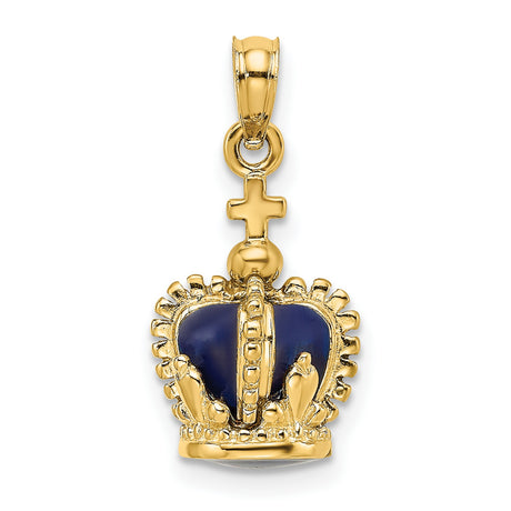 3-D Enamel Crown Cross On Top Charm Pendant in Real 14k Yellow Gold
