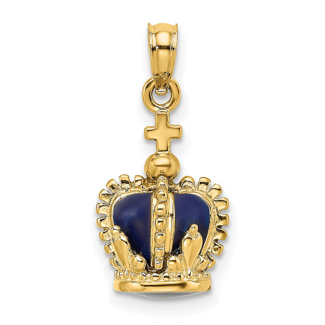 3-D Enamel Crown Cross On Top Charm Pendant in Real 14k Yellow Gold