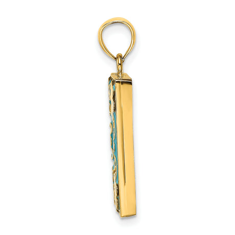 14k Yellow Gold Square Pendant with Blue Enamel, Pink Flower Accents, Vintage Floral Design