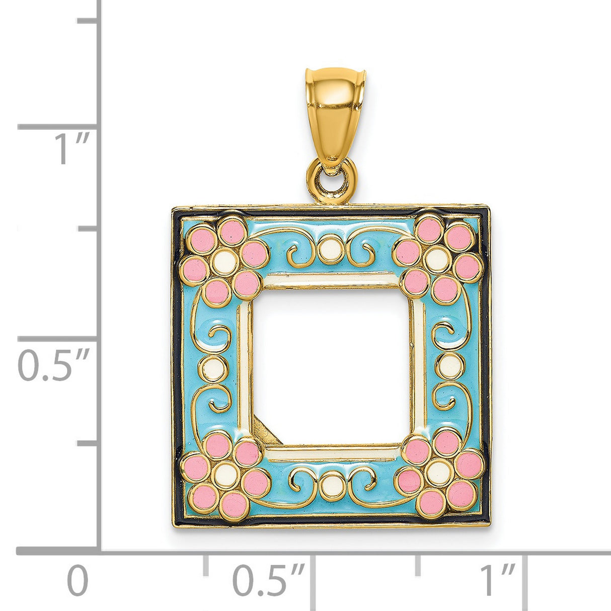 14k Yellow Gold Square Pendant with Blue Enamel, Pink Flower Accents, Vintage Floral Design