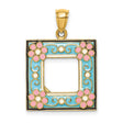 14k Yellow Gold Square Pendant with Blue Enamel, Pink Flower Accents, Vintage Floral Design