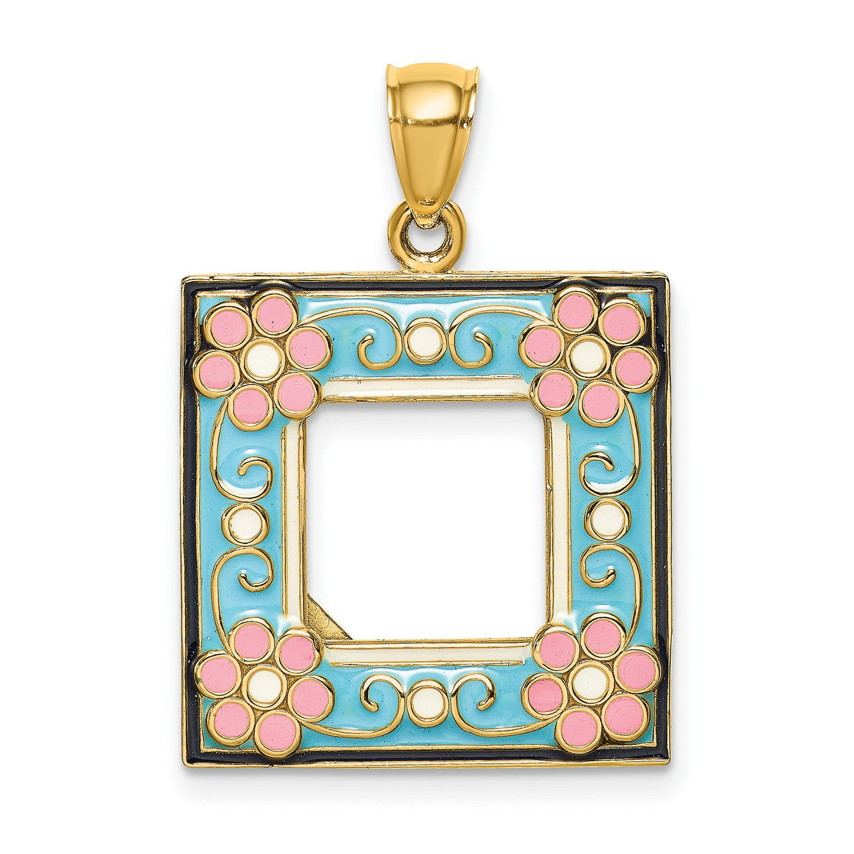 14k Yellow Gold Square Pendant with Blue Enamel, Pink Flower Accents, Vintage Floral Design
