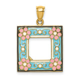 14k Yellow Gold Square Pendant with Blue Enamel, Pink Flower Accents, Vintage Floral Design