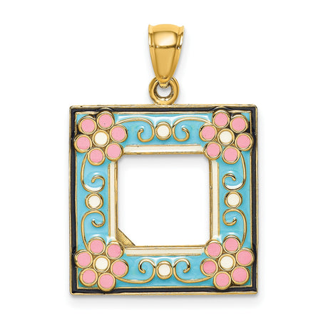 14k Yellow Gold Square Pendant with Blue Enamel, Pink Flower Accents, Vintage Floral Design