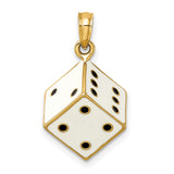 14k Yellow Gold Dice Pendant with White Enamel and Black Dot Detailing, Gaming-Inspired Charm
