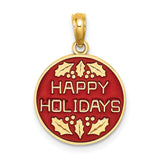 14k Yellow Gold Holiday Pendant with Happy Holidays Message and Holly Leaf Accents