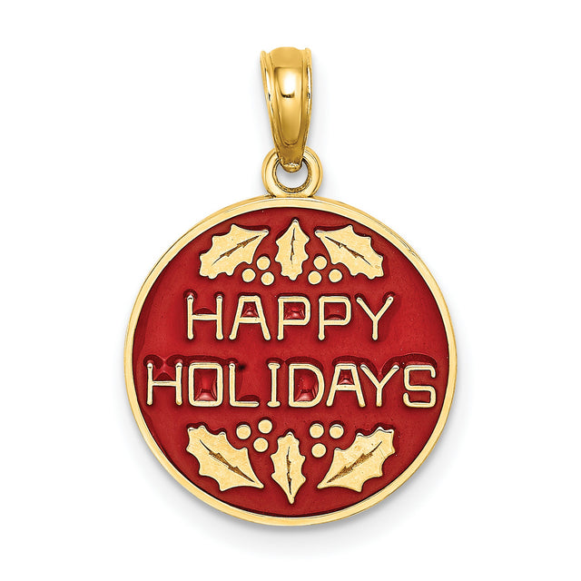 14k Yellow Gold Holiday Pendant with Happy Holidays Message and Holly Leaf Accents