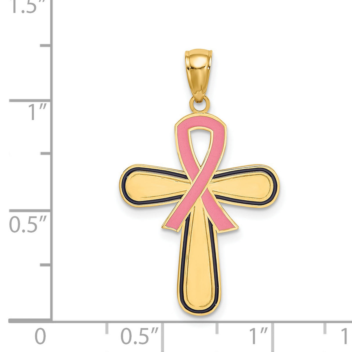 Enamel Pink Ribbon Breast Cancer Cross Charm Pendant in Real 14k Yellow Gold