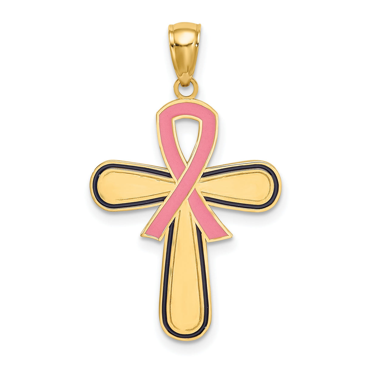 Enamel Pink Ribbon Breast Cancer Cross Charm Pendant in Real 14k Yellow Gold