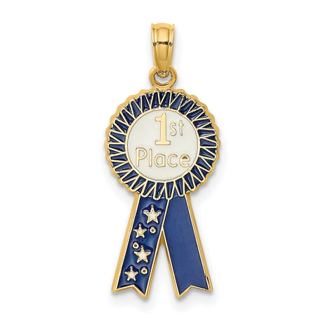 14k Yellow Gold 1st Place Medal Ribbon Pendant with Blue Enamel and Star Design