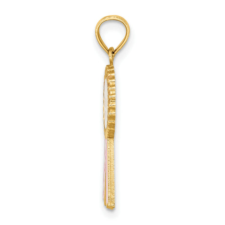 14k Yellow Gold Mom Pendant with Pink and White Enamel, Heart Accents, Award Ribbon Design