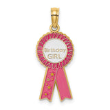 14k Yellow Gold Pendant, Pink and White Ribbon with Star Accents, Birthday Girl Charm