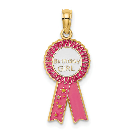 14k Yellow Gold Pendant, Pink and White Ribbon with Star Accents, Birthday Girl Charm