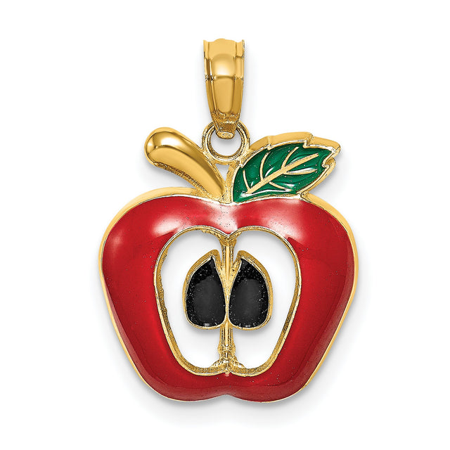 14k Yellow Gold Apple Pendant with Red Green Black Enamel, Cutout Seed Design, Teacher Charm