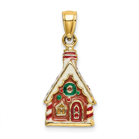 14k Yellow Gold Christmas House Pendant with Enamel, Gingerbread Holiday Design