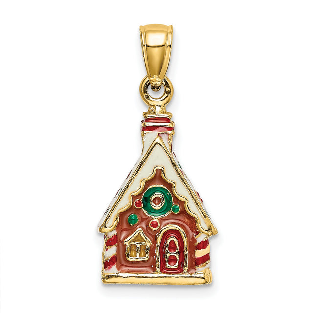 14k Yellow Gold Christmas House Pendant with Enamel, Gingerbread Holiday Design