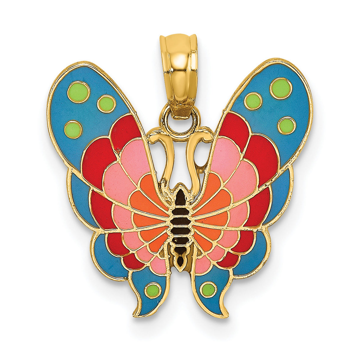 14k Yellow Gold Butterfly Pendant with Blue, Pink, Green, and Red Enamel Detailing