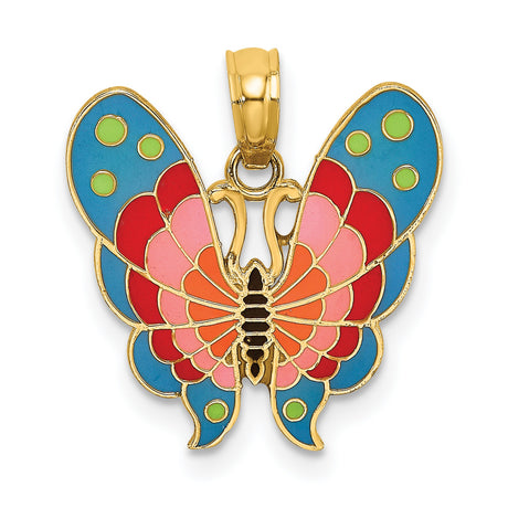 14k Yellow Gold Butterfly Pendant with Blue, Pink, Green, and Red Enamel Detailing