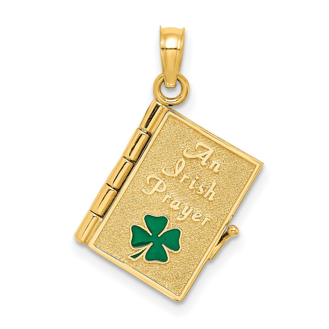 3-D Moveable Enameled AN IRISH PRAYER Book Clover Charm Pendant in Real 14k Yellow Gold
