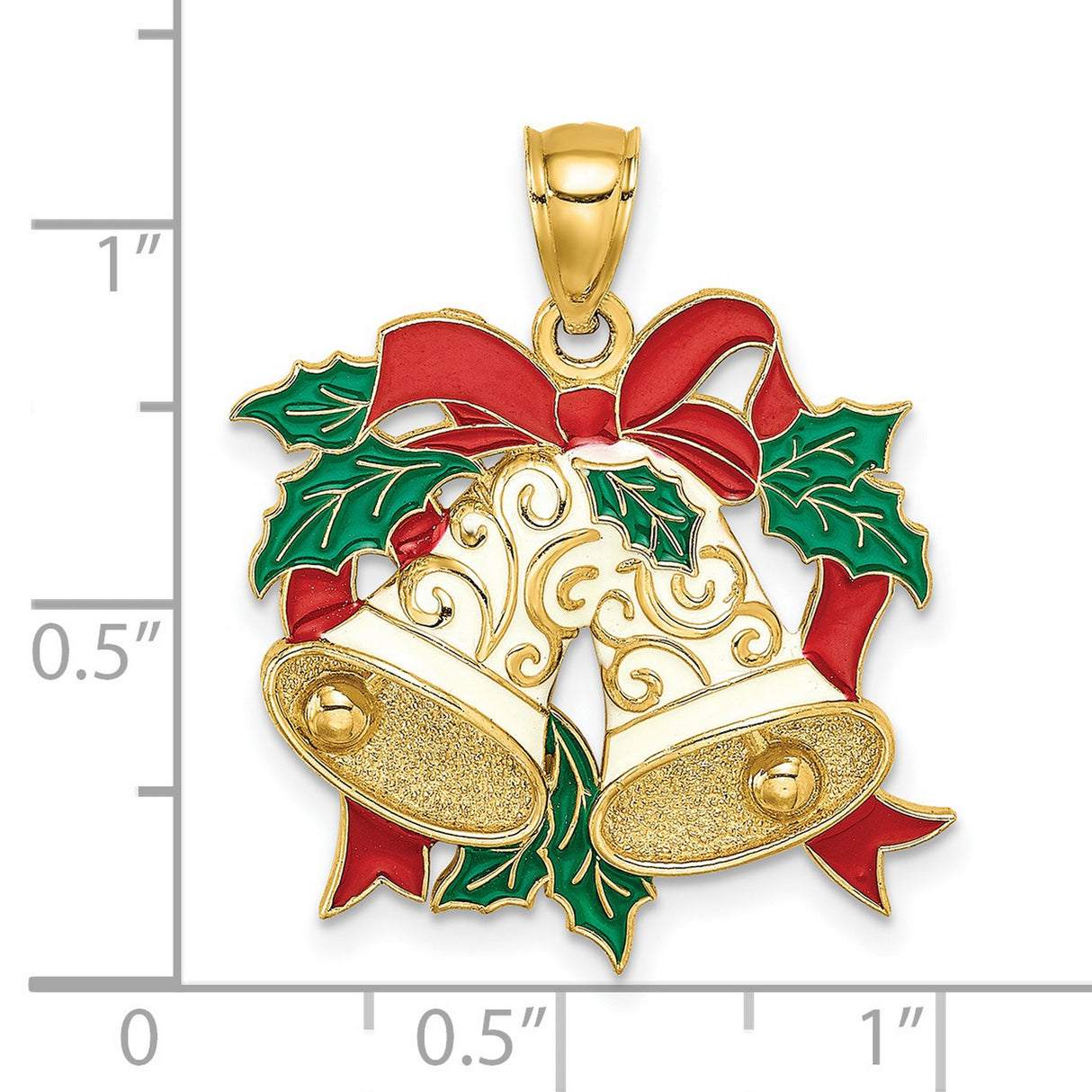 14k Yellow Gold Christmas Bell Pendant with Red Enamel Bow and Holly Leaves Charm