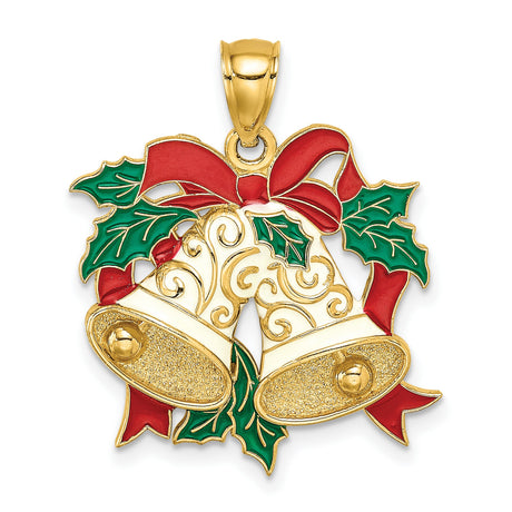 14k Yellow Gold Christmas Bell Pendant with Red Enamel Bow and Holly Leaves Charm