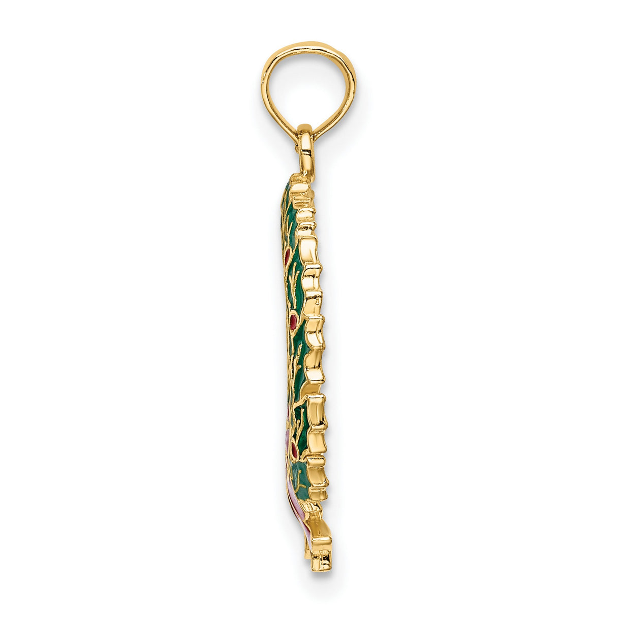 14k Yellow Gold Christmas Wreath Pendant with Green Enamel Holly and Red Bow