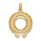 14k Yellow Gold Christmas Wreath Pendant with Green Enamel Holly and Red Bow