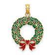 14k Yellow Gold Christmas Wreath Pendant with Green Enamel Holly and Red Bow