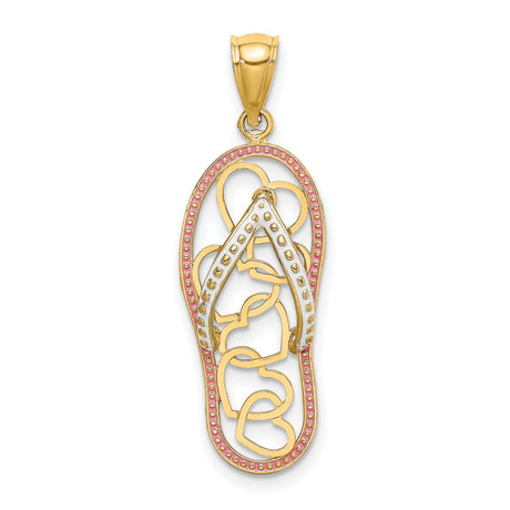 Interlocking Hearts on Pink Enamel Flip Flop Sandal Charm Pendant in Real 14k Yellow Gold