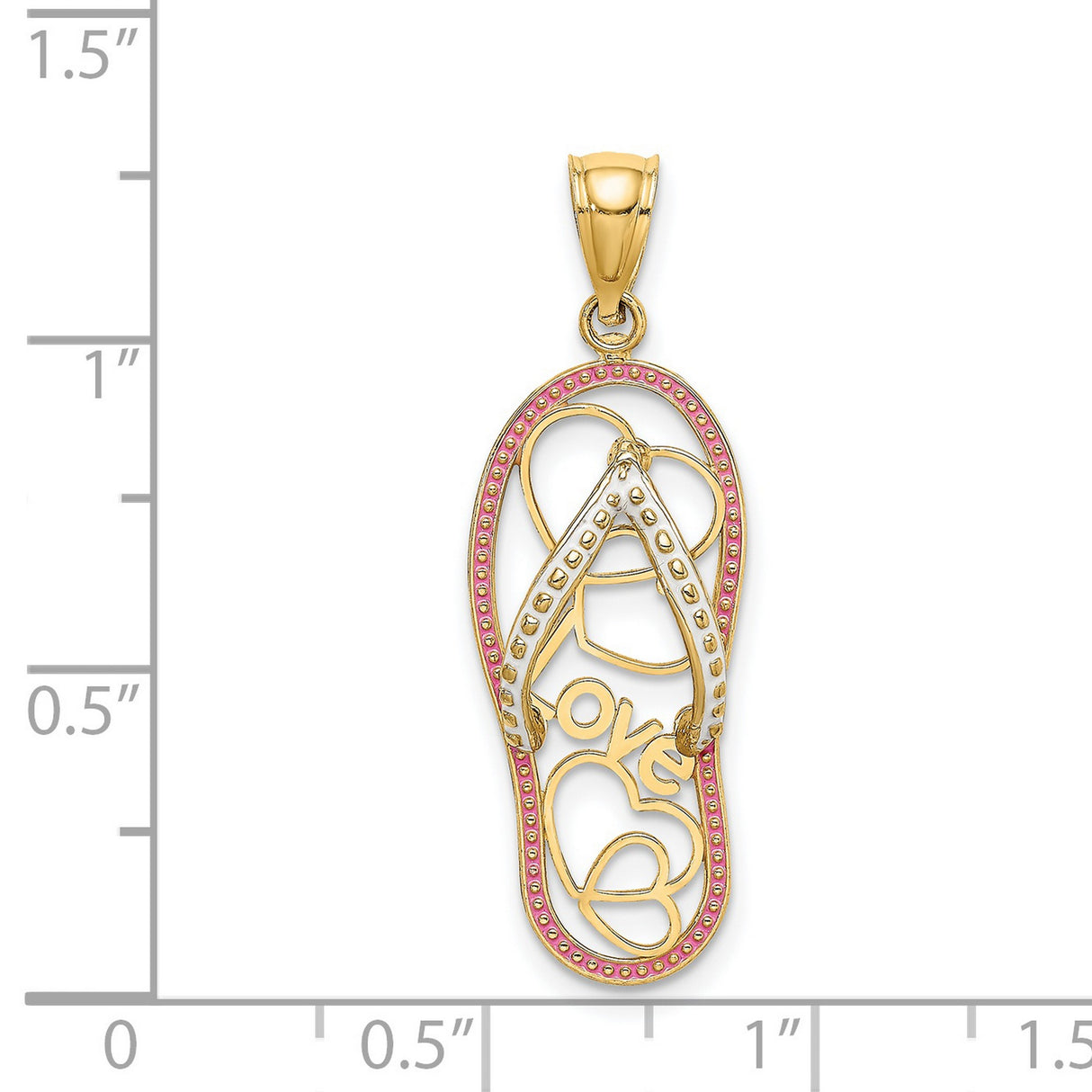 Hearts and Love Word on Pink Enamel Flip Flop Sandal Charm Pendant in Real 14k Yellow Gold