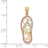 Hearts and Love Word on Pink Enamel Flip Flop Sandal Charm Pendant in Real 14k Yellow Gold