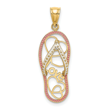Hearts and Love Word on Pink Enamel Flip Flop Sandal Charm Pendant in Real 14k Yellow Gold
