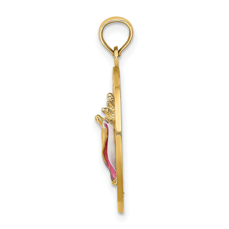 14k Yellow Gold Shell Pendant with Pink Enamel Conch Charm, Nautical Sea Life Design