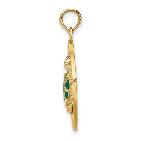 14k Yellow Gold Turtle Pendant with Green Enamel, Coastal Nautical Marine Life Theme