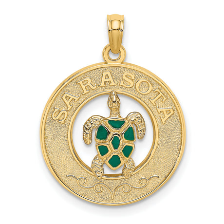 14k Yellow Gold Turtle Pendant with Green Enamel, Coastal Nautical Marine Life Theme