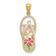 14k Yellow Gold Flip-Flop Pendant with Enamel Tropical Flowers, Beach Vacation Theme