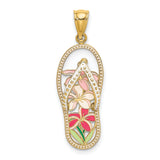 14k Yellow Gold Flip-Flop Pendant with Enamel Tropical Flowers, Beach Vacation Theme
