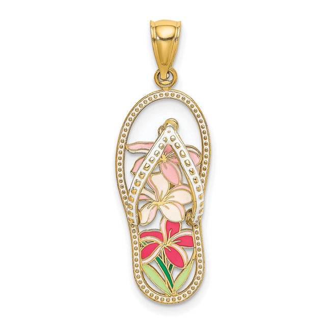 14k Yellow Gold Flip-Flop Pendant with Enamel Tropical Flowers, Beach Vacation Theme