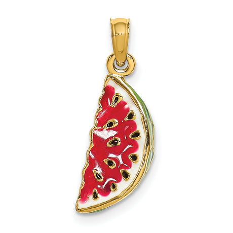 14k Yellow Gold Watermelon Slice Pendant with Colorful Enamel, Summer Fruit Theme for Women or Girls